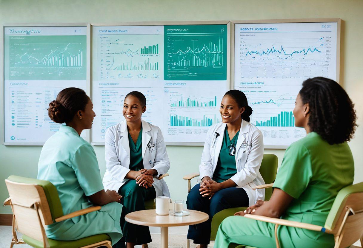 A diverse group of empowered patients discussing cancer treatment options in a bright, modern healthcare setting. They are surrounded by informative charts and healthy lifestyle visuals, symbolizing hope and knowledge. Include a compassionate healthcare professional guiding them. Soft blue and green tones to convey calmness and optimism. super-realistic. vibrant colors.