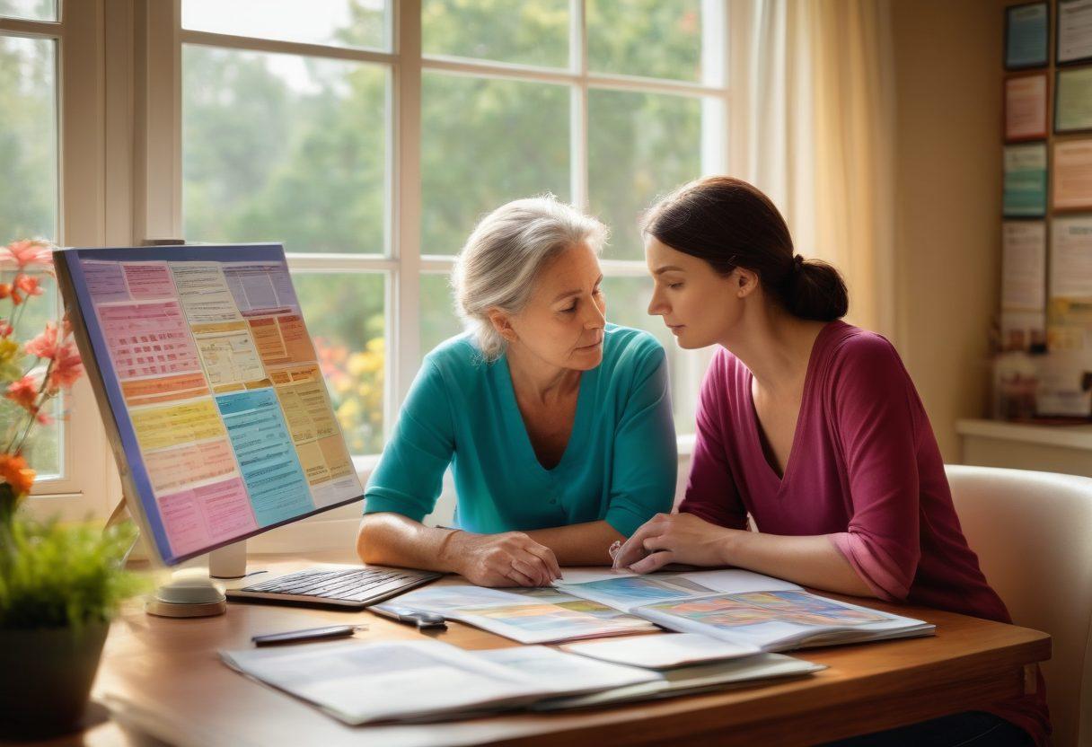 A thoughtful caregiver and a patient discussing tumor information, surrounded by colorful educational charts illustrating tumor types and malignancies. A warm, inviting atmosphere with soft lighting to convey support and hope, featuring medical books and a laptop on a table. Include a peaceful garden view through a window, symbolizing healing. vibrant colors. super-realistic. inviting atmosphere.
