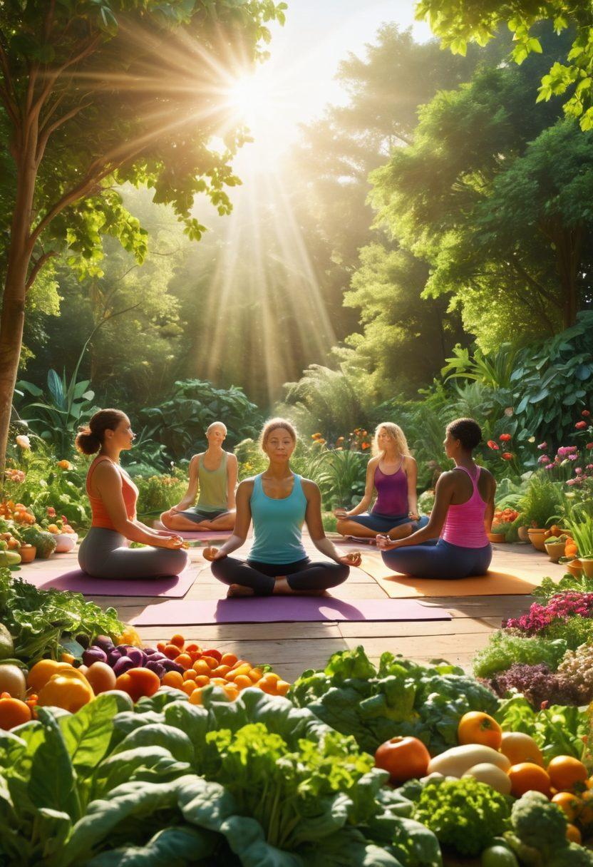 A serene scene showcasing a diverse group of people engaging in healthy activities, surrounded by lush greenery, bright vegetables, and a vibrant sun shining down. Include elements of mindfulness and positivity, like yoga poses and healing herbs, symbolizing empowerment and resilience. The atmosphere should evoke hope and inspiration for cancer prevention and treatment. bright colors. super-realistic.